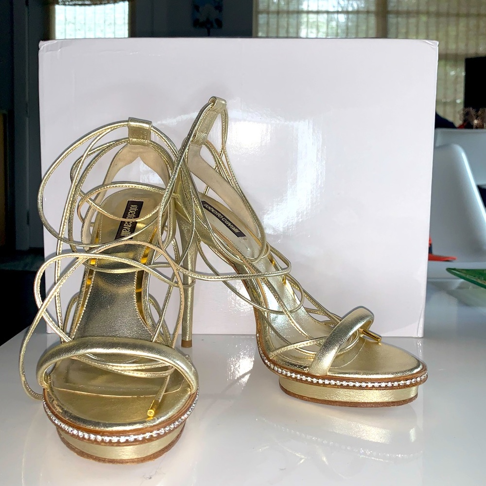 Roberto Cavalli Very Comfortable Golden Rhinestone Heels Strappy Tie Lace Up